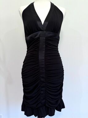 Vintage Cache Black Satin Ruched Halter Mini Dress Y2K Party Size 8